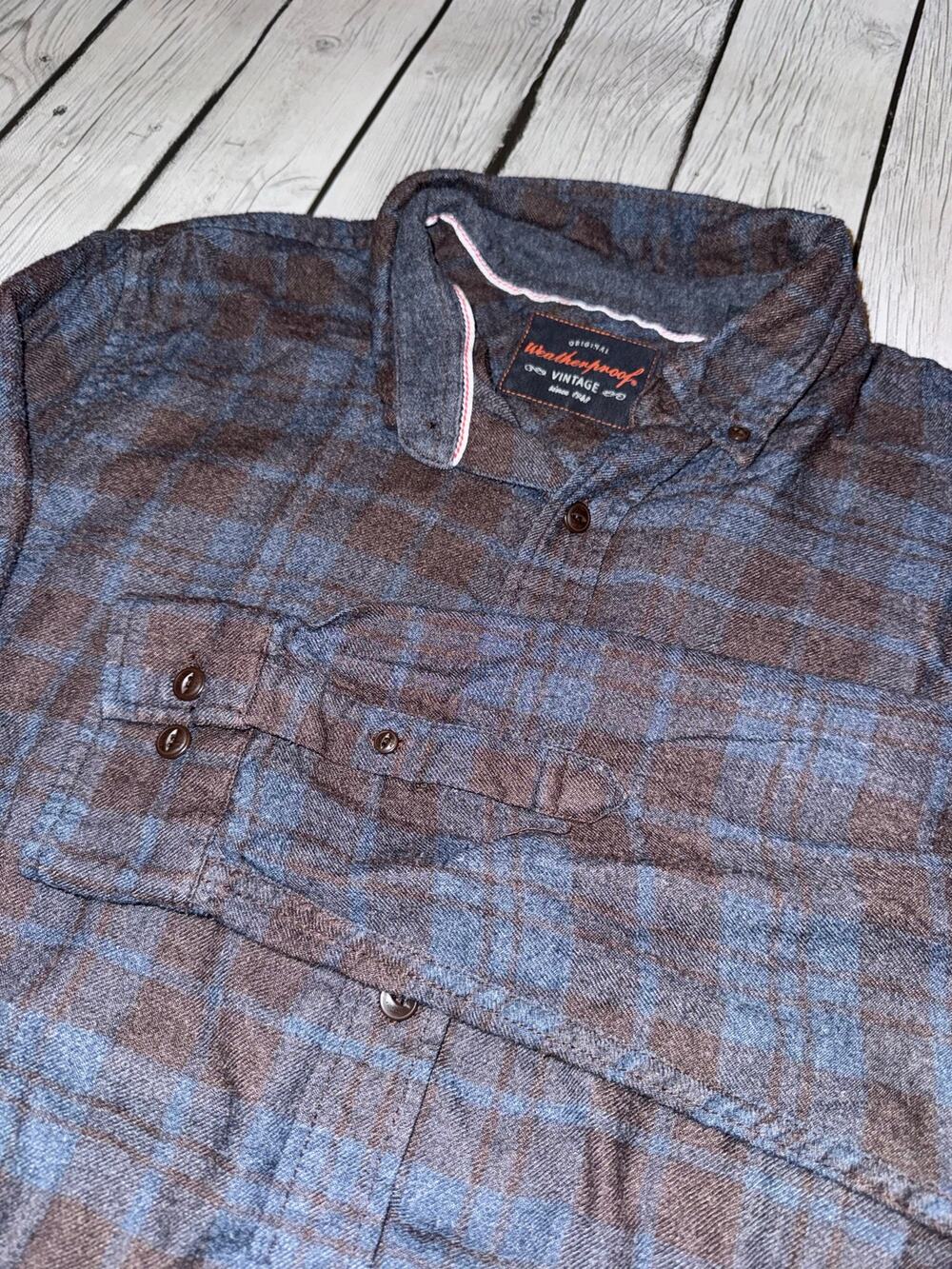 Weatherproof Vintage Flannel Shirt Men’s Large Blue Black Plaid Long Sleeve